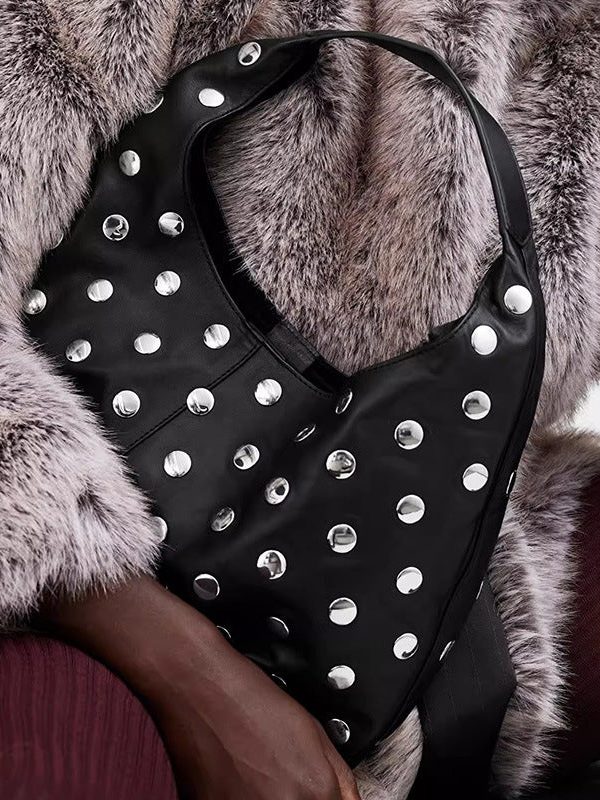 Handmade Fashion Black Rivet Faux Leather Tote Handbag