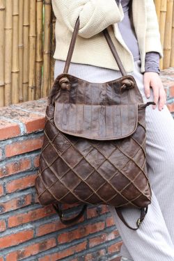 Handmade Green Plaid Calf Leather Satchel Handbag Backpack Bag