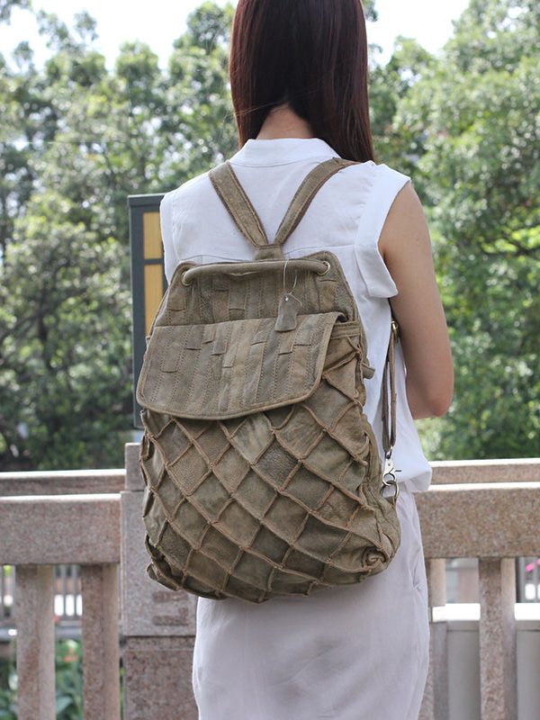 Handmade Green Plaid Calf Leather Satchel Handbag Backpack Bag