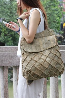 Handmade Green Plaid Calf Leather Satchel Handbag Backpack Bag