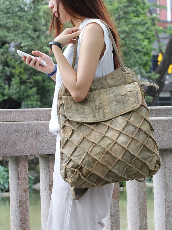 Handmade Green Plaid Calf Leather Satchel Handbag Backpack Bag