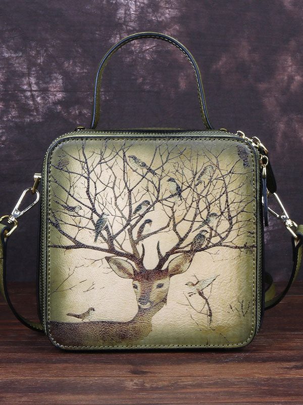 Handmade Grey Print Paitings Calf Leather Tote Handbag