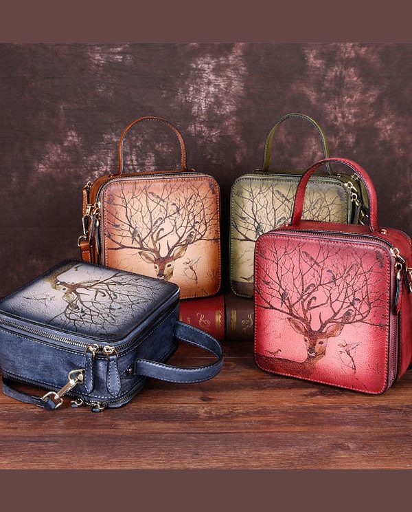 Handmade Grey Print Paitings Calf Leather Tote Handbag