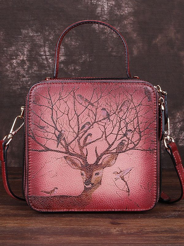 Handmade Grey Print Paitings Calf Leather Tote Handbag