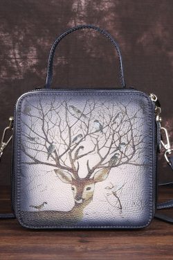 Handmade Grey Print Paitings Calf Leather Tote Handbag