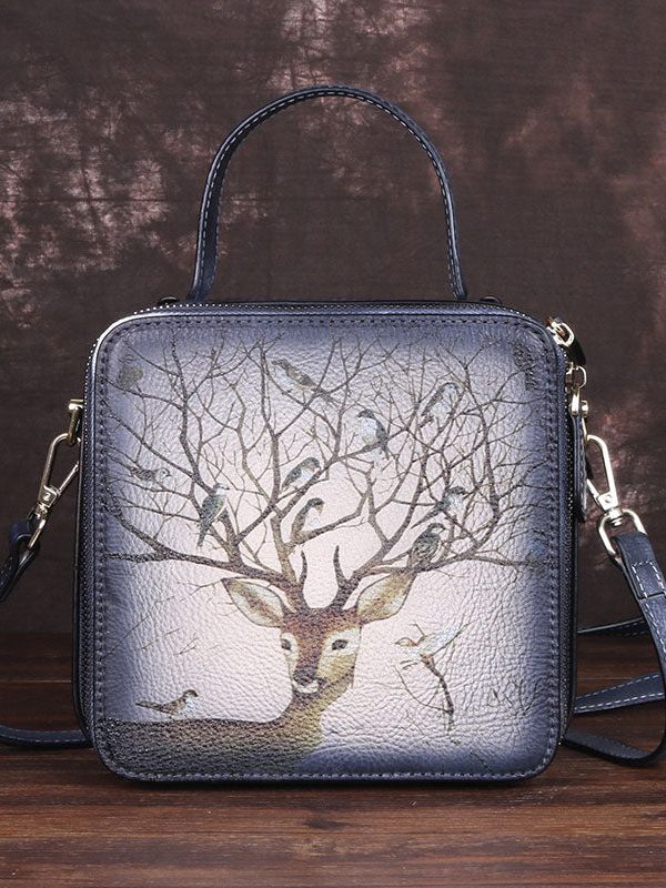 Handmade Grey Print Paitings Calf Leather Tote Handbag
