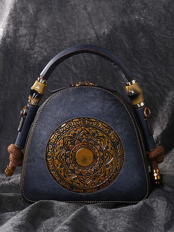 Handmade Grey The Sunflowers Paitings Embossing Calf Leather Satchel Bag Handbag