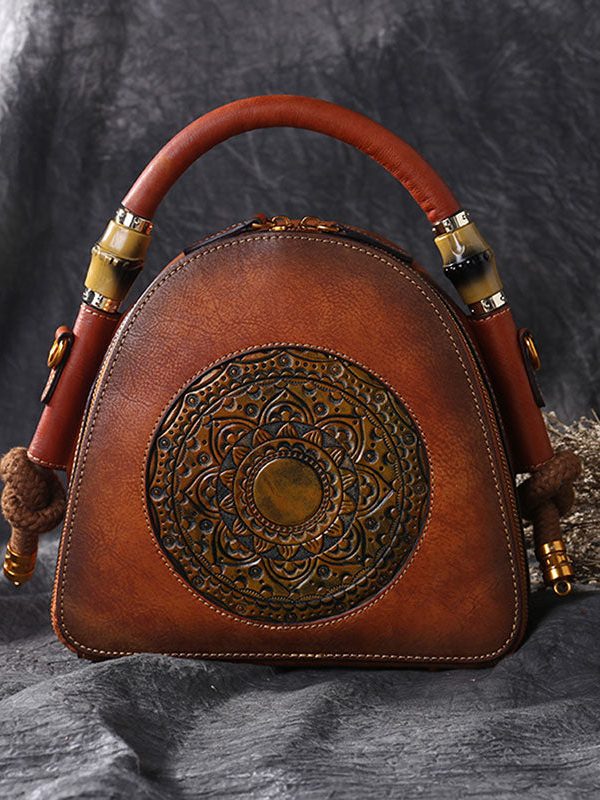 Handmade Grey The Sunflowers Paitings Embossing Calf Leather Satchel Bag Handbag