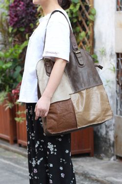 Handmade Khaki Colorblock Patchwork Calf Leather Satchel Handbag