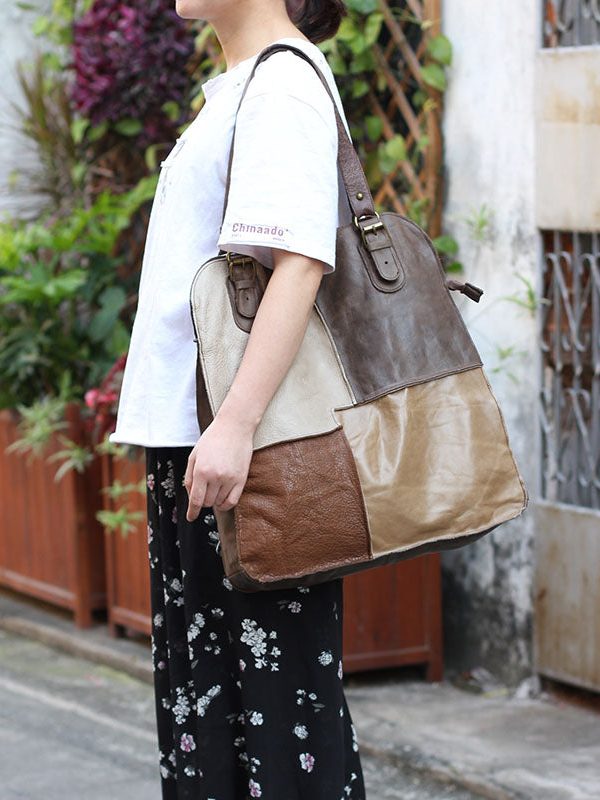 Handmade Khaki Colorblock Patchwork Calf Leather Satchel Handbag