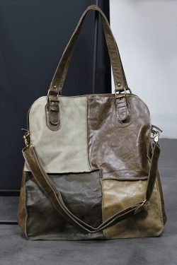 Handmade Khaki Colorblock Patchwork Calf Leather Satchel Handbag