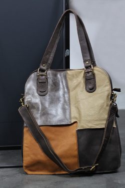 Handmade Khaki Colorblock Patchwork Calf Leather Satchel Handbag