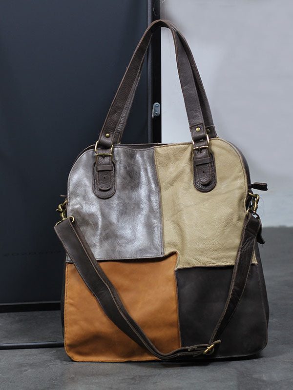 Handmade Khaki Colorblock Patchwork Calf Leather Satchel Handbag