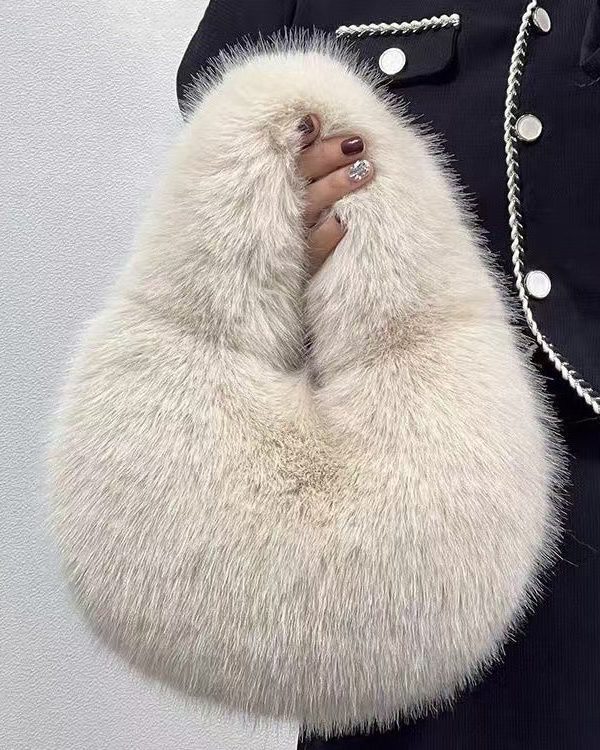 Handmade Khaki Stylish Faux Fur Satchel Handbag