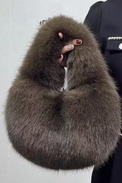 Handmade Khaki Stylish Faux Fur Satchel Handbag