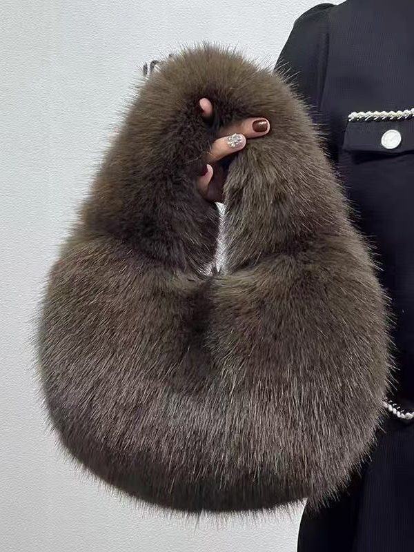 Handmade Khaki Stylish Faux Fur Satchel Handbag