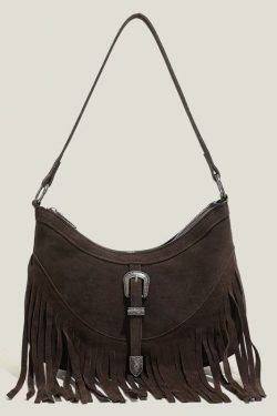 Handmade Khaki Tasseled Solid Durable Fine Suede Messenger Bag