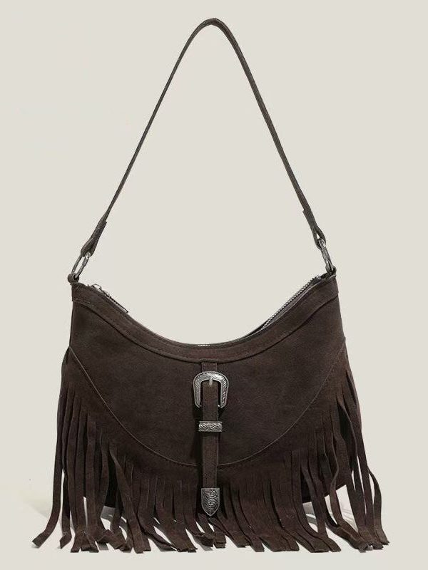 Handmade Khaki Tasseled Solid Durable Fine Suede Messenger Bag