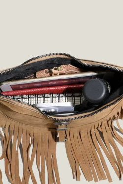 Handmade Khaki Tasseled Solid Durable Fine Suede Messenger Bag