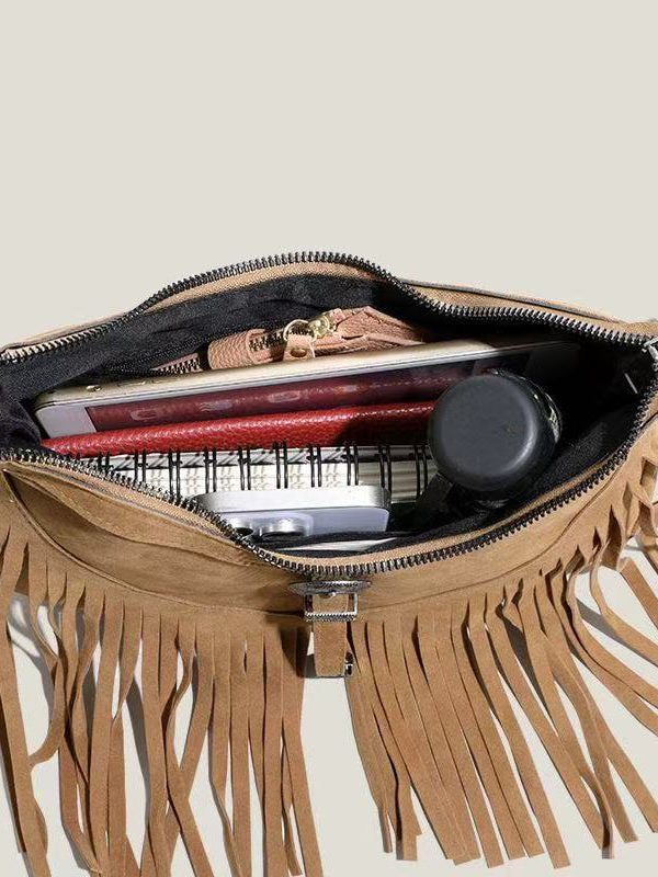 Handmade Khaki Tasseled Solid Durable Fine Suede Messenger Bag