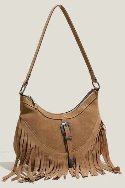 Handmade Khaki Tasseled Solid Durable Fine Suede Messenger Bag