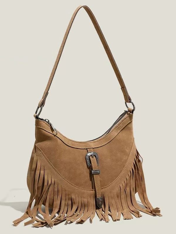 Handmade Khaki Tasseled Solid Durable Fine Suede Messenger Bag