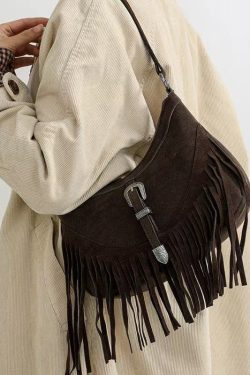 Handmade Khaki Tasseled Solid Durable Fine Suede Messenger Bag