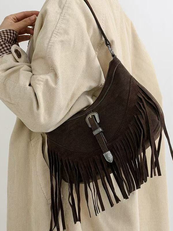 Handmade Khaki Tasseled Solid Durable Fine Suede Messenger Bag