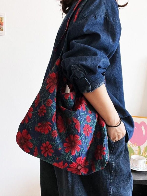 Handmade Navy Galsang Flower Jacquard Canvas Satchel Handbag