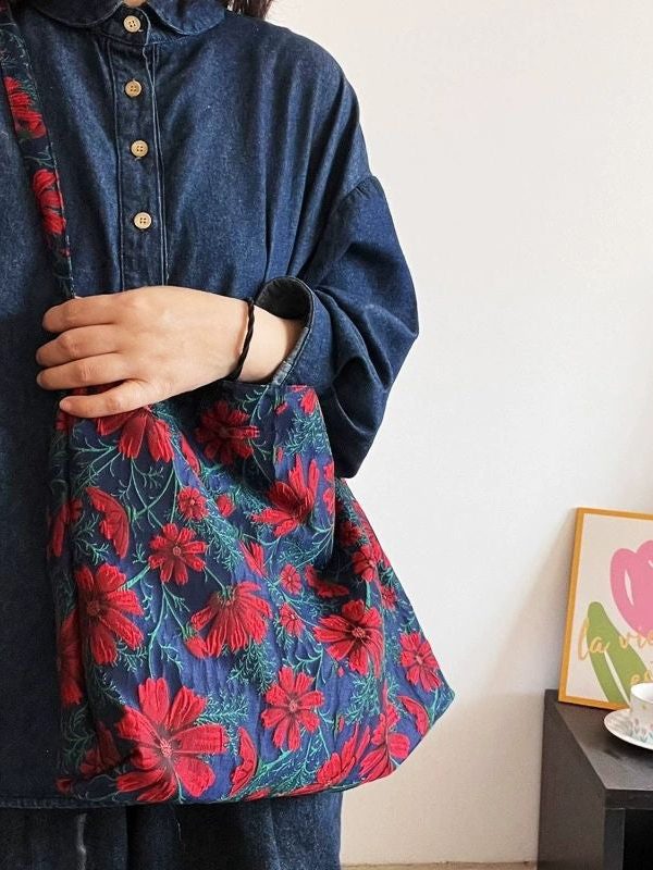 Handmade Navy Galsang Flower Jacquard Canvas Satchel Handbag