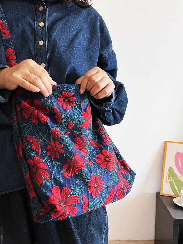 Handmade Navy Galsang Flower Jacquard Canvas Satchel Handbag