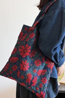 Handmade Navy Galsang Flower Jacquard Canvas Satchel Handbag