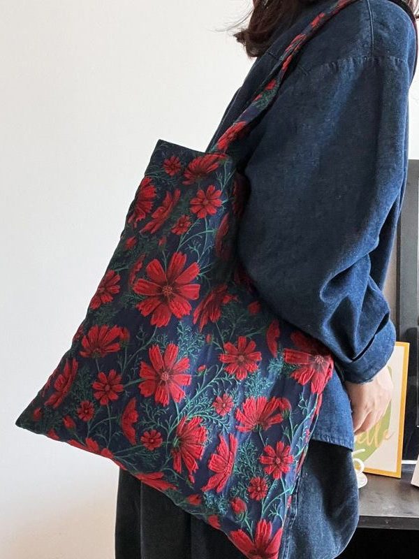 Handmade Navy Galsang Flower Jacquard Canvas Satchel Handbag