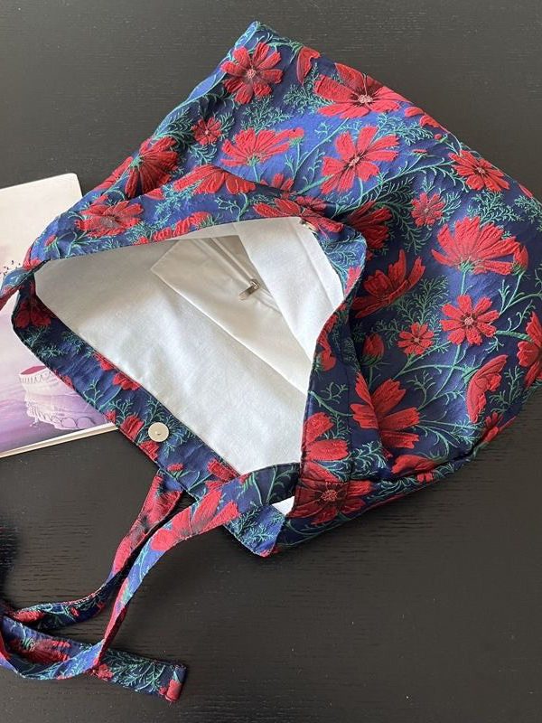 Handmade Navy Galsang Flower Jacquard Canvas Satchel Handbag