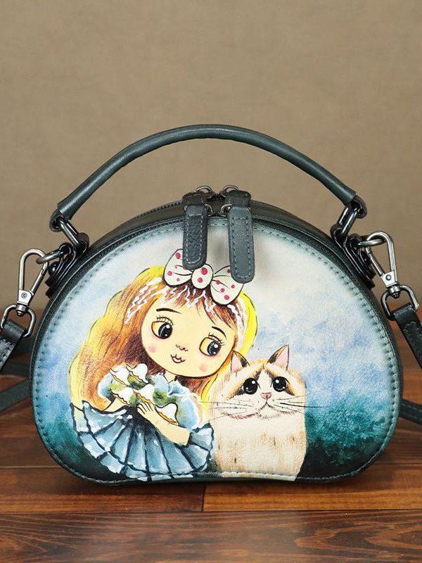 Handmade Paitings Heart-shaped Calf Leather Tote Handbag