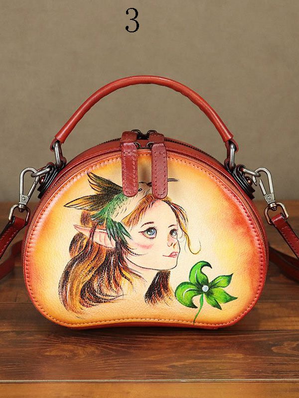 Handmade Paitings Heart-shaped Calf Leather Tote Handbag