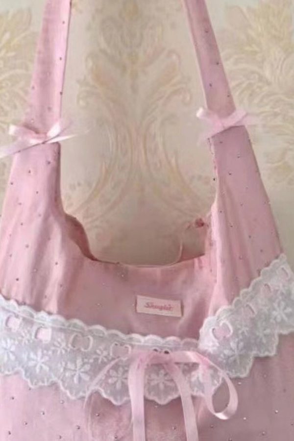 Handmade Pink Bow Lace Canvas Satchel Handbag