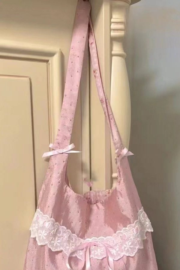 Handmade Pink Bow Lace Canvas Satchel Handbag