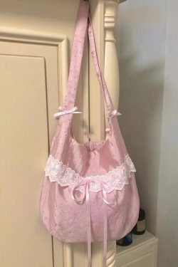 Handmade Pink Bow Lace Canvas Satchel Handbag