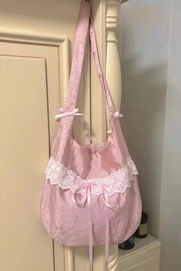 Handmade Pink Bow Lace Canvas Satchel Handbag