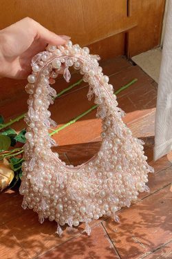 Handmade Pink Woven Bead Pearl Tote Bag