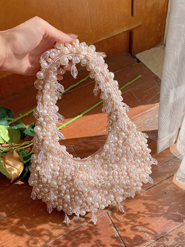 Handmade Pink Woven Bead Pearl Tote Bag
