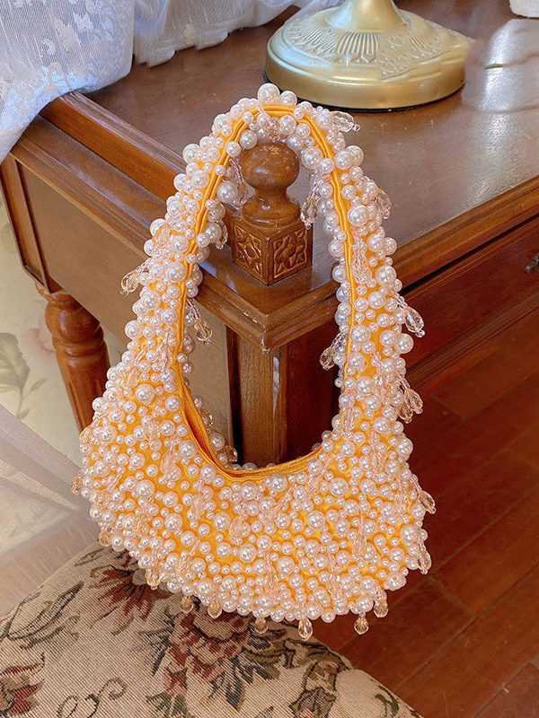 Handmade Pink Woven Bead Pearl Tote Bag