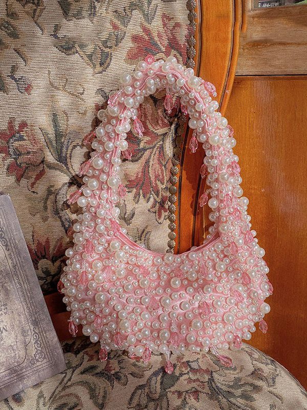 Handmade Pink Woven Bead Pearl Tote Bag