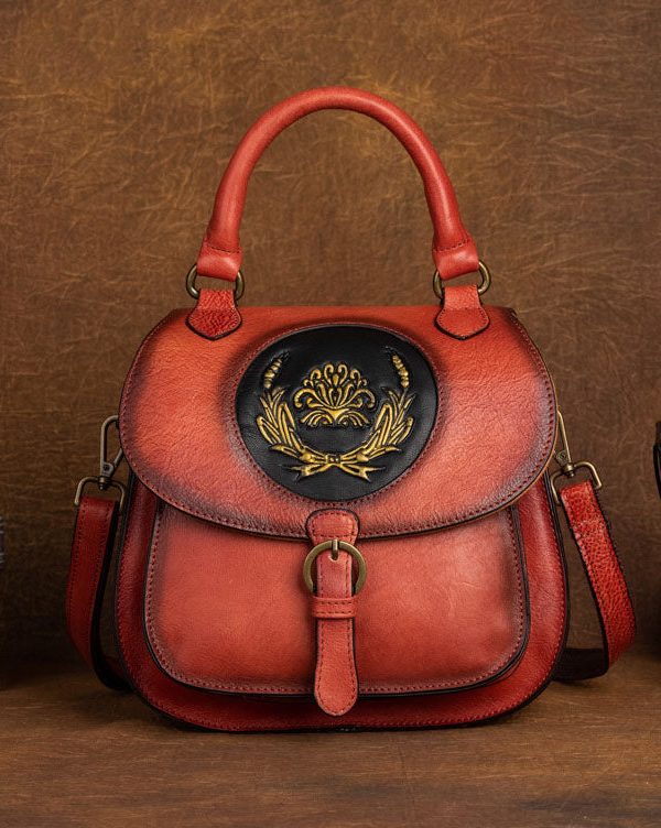 Handmade Red Oriental Paitings Calf Leather Messenger Bag