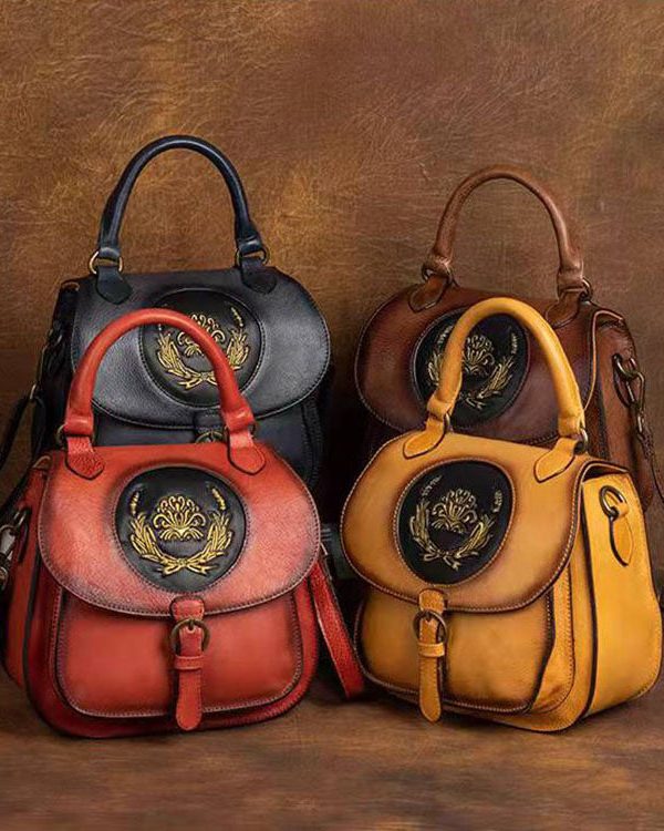 Handmade Red Oriental Paitings Calf Leather Messenger Bag