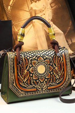 Handmade Retro Brown Embossed Calf Leather Tote Handbag