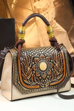 Handmade Retro Brown Embossed Calf Leather Tote Handbag