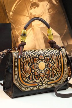 Handmade Retro Brown Embossed Calf Leather Tote Handbag