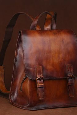 Handmade Retro Brown Large Capacity Calf Leather Backpack Bag
